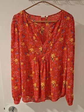 GAP Vibrant Orange/Coral Floral Print Boho-style Peasant Blouse (Size M)
